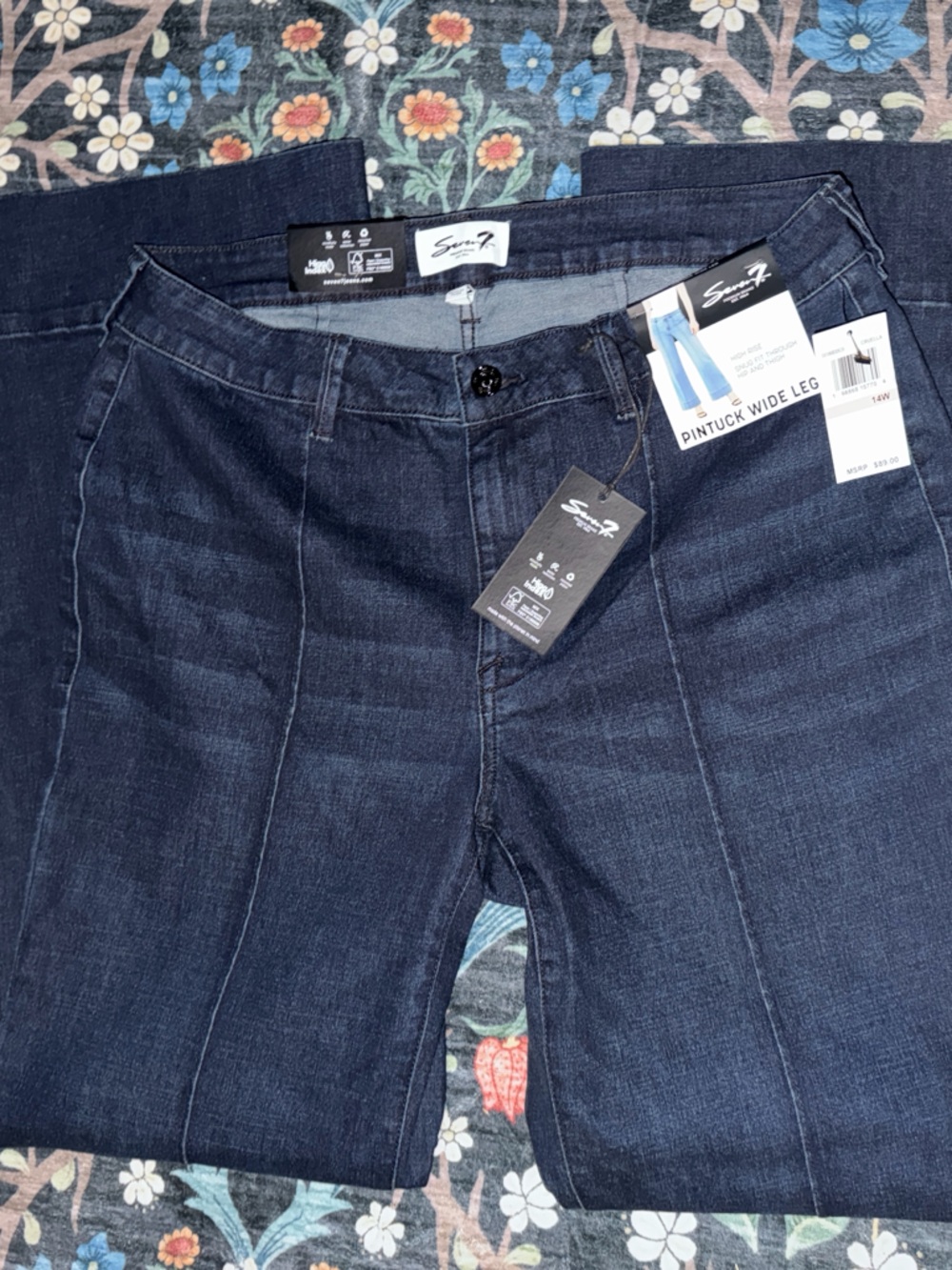 Seven7 Pintuck Wide Leg Jeans in Dark Blue Denim